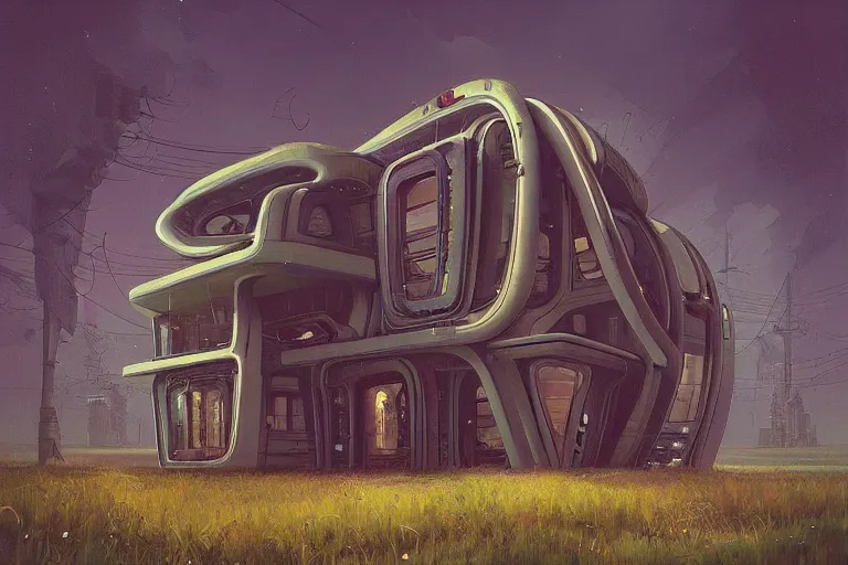 Image similar to beautiful painting of a futuristic house in the style of Simon Stålenhag and H. R. Giger, detailed, trending on Artstation