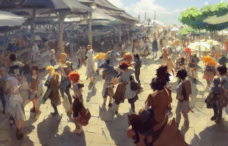 Image similar to greg manchess concept art of the millennial fair from chrono trigger, outdoor fairgrounds, striped pavillions, leene's bell, key visual, ambient lighting, highly detailed, digital painting, artstation, concept art, sharp focus, by makoto shinkai and akihiko yoshida and hidari and wlop and greg rutkowski