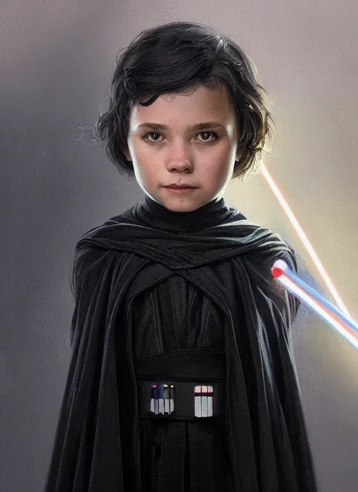 Prompt: perfectly - centered - portrait of a kid wearing black cloak holding light saber, intricate, highly detailed, digital painting, artstation, concept art, smooth, sharp focus, illustration, unreal engine 5, 8 k, art by artgerm and greg rutkowski and alphonse mucha