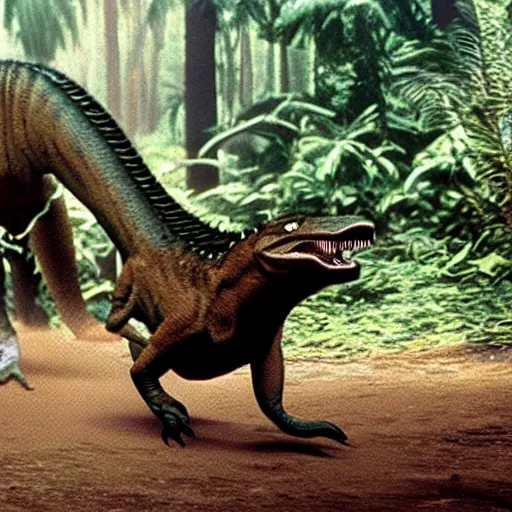 Prompt: tasmanian tiger in jurassic park chased by a t - rex