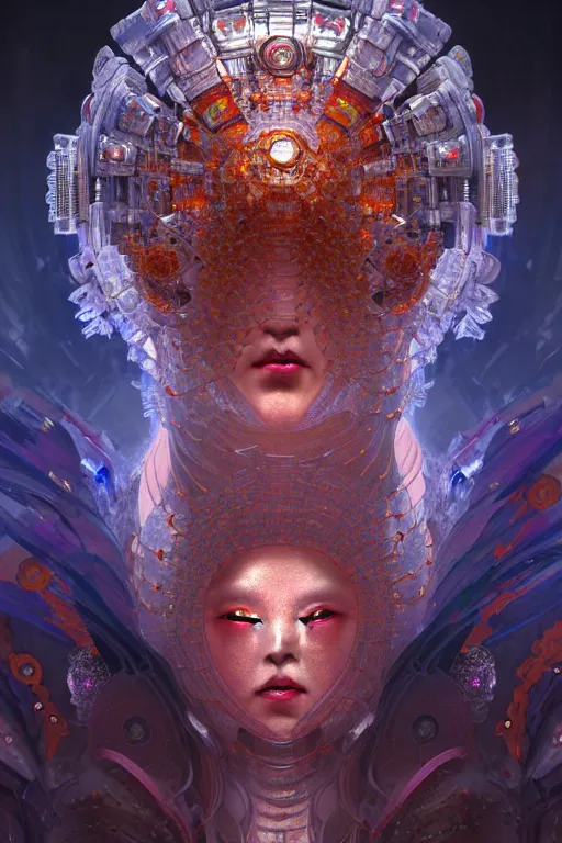 Image similar to asura from chinese myth, ghost, gorgeous and huge head ornaments, dystopian, cyberpunk, organic fractal mycelum and fungi, mecha, halfturn portrait of a big crystal face made of crystals half - turn, ominous, intricate, studio, art by anthony macbain + greg rutkowski + alphonse mucha, concept art, 4 k, sharp focus