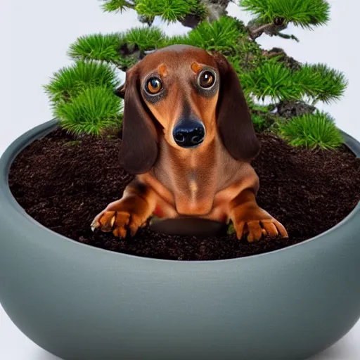 Image similar to Professional photograph of a deformed dachshund growing in a bonsai pot