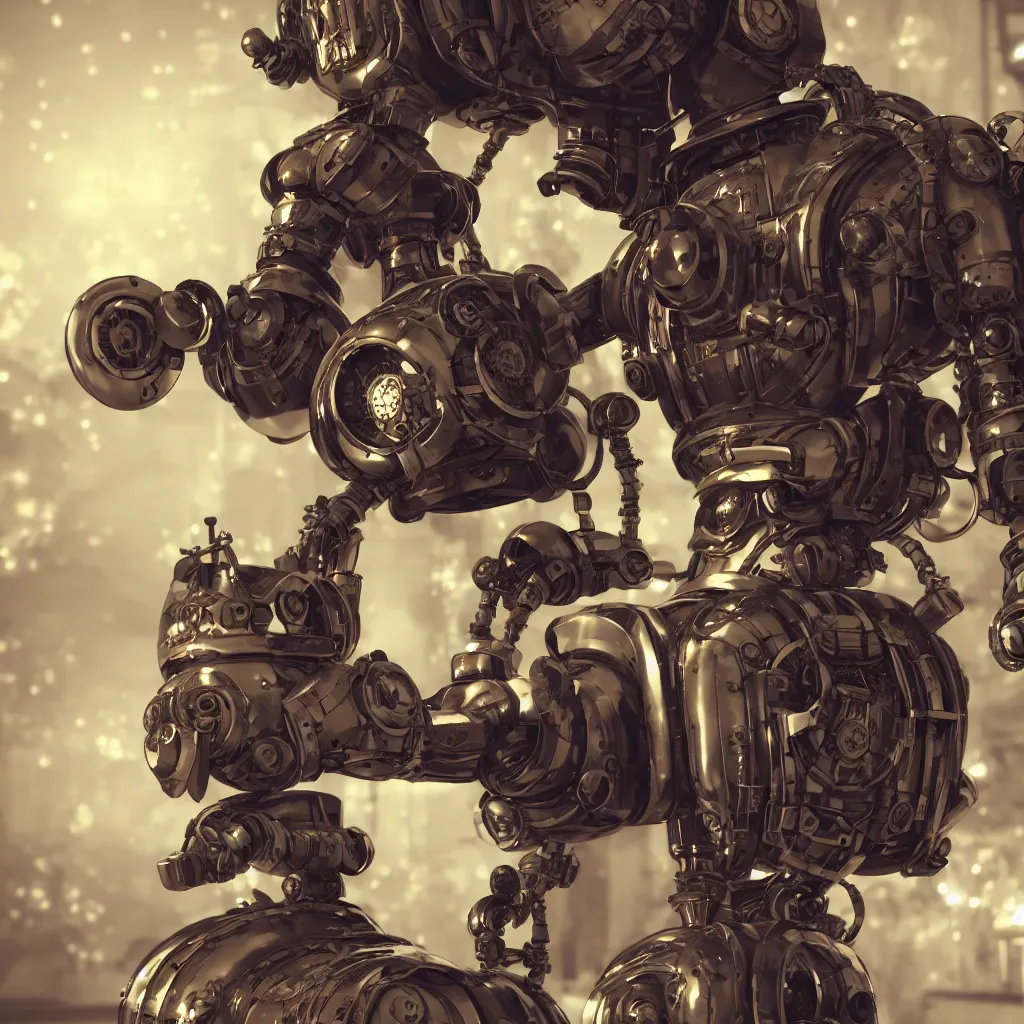 Prompt: steampunk style sweeping robot, photorealistic, 3 d rendering, cute, unreal engine, bokeh