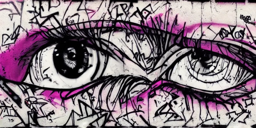 Prompt: aesthetic eyes, only eye, heavy goth makeup, punk, alluring, traditional art nouveau border, large graffiti on a wall