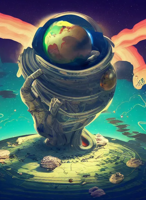 Image similar to earth eating the saturn in the cuphead art style, au naturel, hyper detailed, digital art, trending in artstation, cinematic lighting, studio quality, smooth render, unreal engine 5 rendered, octane rendered