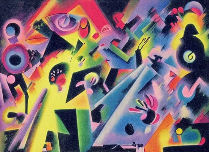 Image similar to scratching disco 1 9 8 0 • s very energetic people, neon splashes, kandinsky, olga sacharoff, ambient fog, cinematic lightning, soft women aura,