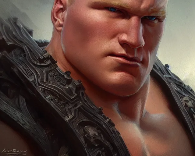 Image similar to close up of brock lesnar, deep focus, d & d, fantasy, intricate, elegant, highly detailed, digital painting, artstation, concept art, matte, sharp focus, illustration, hearthstone, art by artgerm and greg rutkowski and alphonse mucha