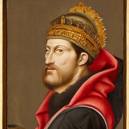 Image similar to renaissance style portrait of an alpine chamois wearing a crown and a cape, dark background