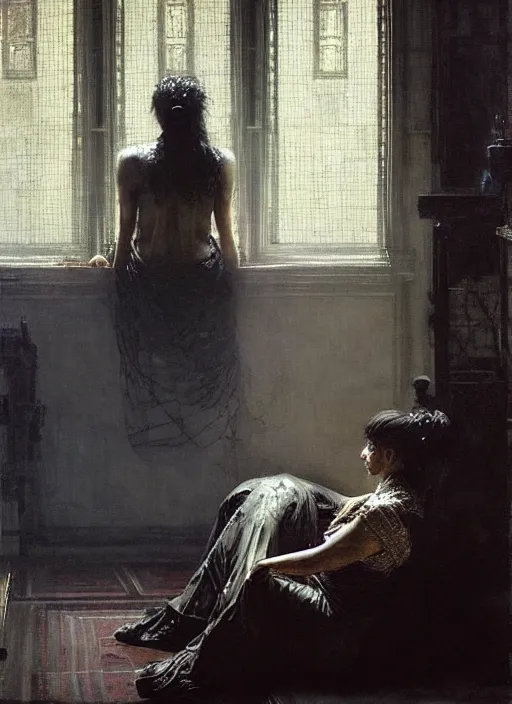 Image similar to a portrait of beautiful woman sitting in the floor, inside a modern apartment, intricate oil painting, hyperdetailed, ominous, ethereal, dramatic lighting, by jeremy mann and ruan jia and lawrence alma - tadema