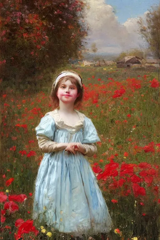 Image similar to Solomon Joseph Solomon and Richard Schmid and Jeremy Lipking victorian genre painting portrait painting of a happy young village girl in an open field of flowers, red background