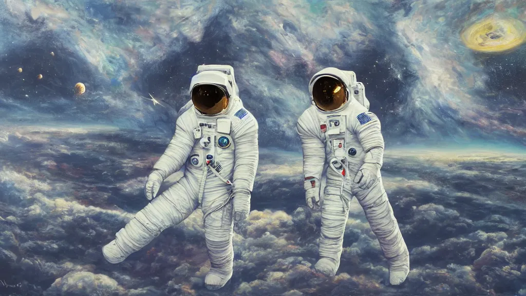 Prompt: an astronaut among goliaths in a landscape, oil on canvas, painting, 4k, wide shot