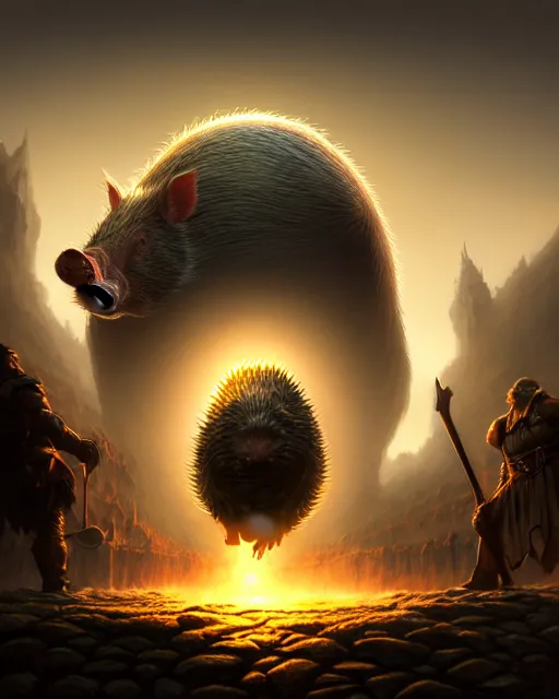 Image similar to Giant Hog looking at mouse, medium shot, fear, D&D, artstation, fantasy, magic the gathering artwork, cinematic lighting, centered, symmetrical, highly detailed, digital painting, , concept art, smooth, sharp focus, illustration, volumetric lighting, epic Composition, 8k, art by Akihiko Yoshida and Greg Rutkowski and Craig Mullins, oil painting, cgsociety