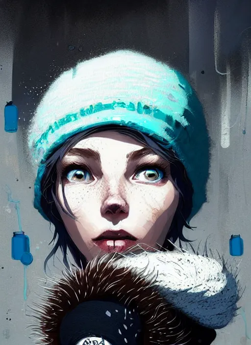 Prompt: highly detailed closeup portrait of a sewer punk lady student, beanie, harris tweed hoodie, blue eyes, frosty white hair by atey ghailan, by greg rutkowski, by greg tocchini, by james gilleard, by joe fenton, by kaethe butcher, gradient, blue, black, brown and cream color scheme, grunge aesthetic!!! white graffiti tag wall background