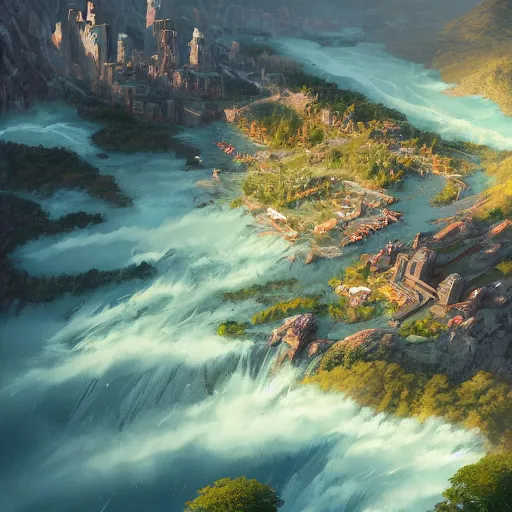 Image similar to a birds eye view overlooking an ancient fantasy city surrounded by mountains and trees of greens and browns, rivers and lakes((but the cities been corrupted by a dark evil)) by Jordan Grimmer, Asher Brown Durand and Ryan Dening, 8k, artstation, beautiful color pallette
