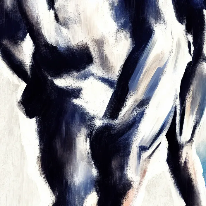 Image similar to abstract closeup of a thin, athletic physique man's body made of abstract, thick flowing dramatic brush strokes, no face, strong wind, white background, matte colors, impressionist, extreme motion, trending on artstation