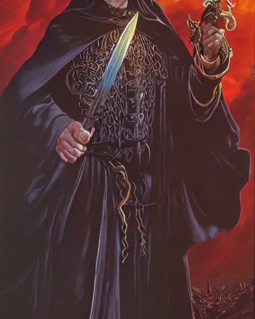 Image similar to portrait of Davis Hume as a powerful dungeons and dragons warlock, wearing dark robe, intricately detailed, realistic, oil painting, by jeff easley, boris vallejo, cinematic lighting