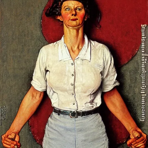 Prompt: portrait of an upset woman with her fists on her hips, by norman rockwell