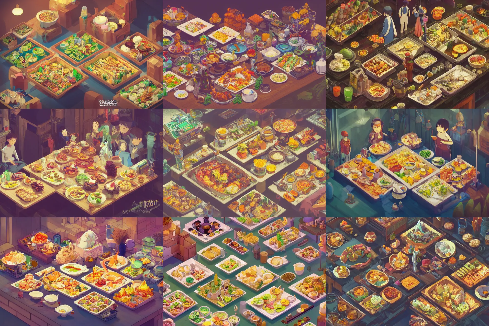 Prompt: portrait isometric drawing, a buffet table full of food, studio ghibli style, intricate, epic lighting, cinematic composition, hyper realistic, 8k resolution, unreal engine 5, by Artgerm, tooth wu, dan mumford, beeple, wlop, rossdraws, James Jean, Andrei Riabovitchev, Marc Simonetti, yoshitaka Amano, Artstation