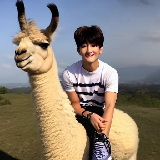 Image similar to jung kook with a llama, 8 k