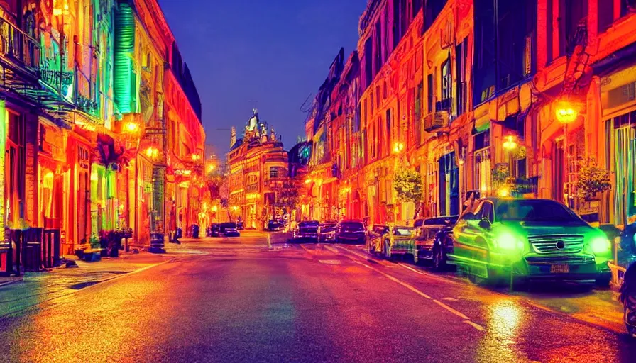 Prompt: a beautiful colorful city street at night