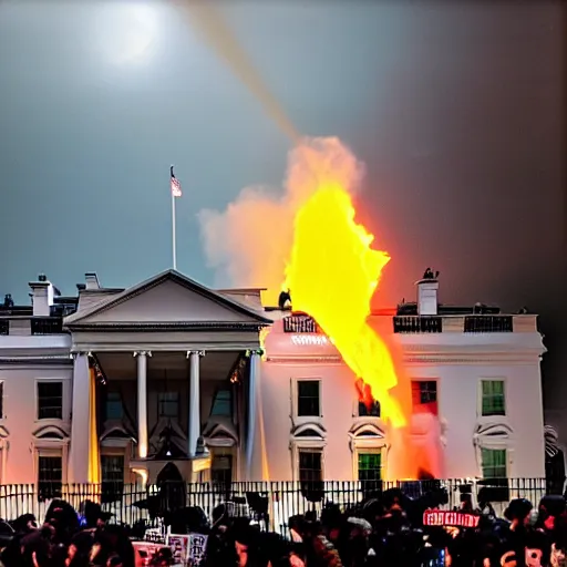 Image similar to 4 k hdr polaroid meteroid shower falling over the white house with an angry mob of protestors filling the streets at night time during a blackout with torch lit streets