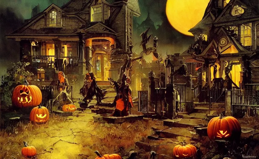 Image similar to halloween scene in a suburban neighborhood, surrounded by ancient monoliths with glowing runes. highly detailed science fiction painting by norman rockwell, frank frazetta, and syd mead. rich colors, high contrast, gloomy atmosphere, dark background. trending on artstation