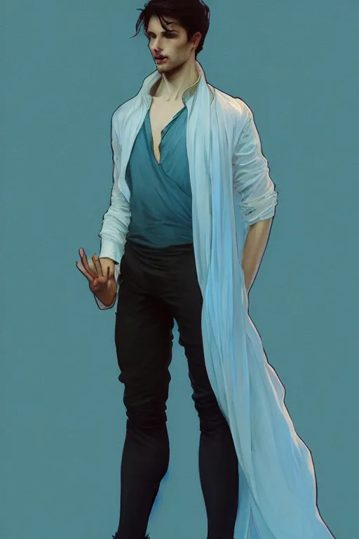 Image similar to full figure portrait of a single beautiful young fit man, dressed of modern transparent fluent shirt and large linen pants, bare feet, by greg rutkowski and alphonse mucha, d & d character, gradient black to cyan, interior design background, highly detailed portrait, digital painting, artstation, concept art, smooth, sharp focus ilustration, artstation hq