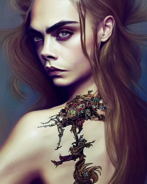 Image similar to cara delevingne wearing epic haute couture by Alexander McQueen, extremely beautiful face, masterpiece, intricate, elegant, highly detailed, digital painting, artstation, concept art, smooth, sharp focus, illustration, art by artgerm and james jean and greg rutkowski and alphonse mucha