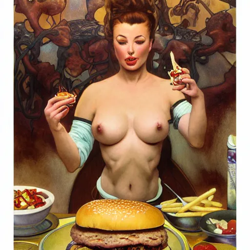 Prompt: Christy Mack eating giant hamburgers, sexy sesame seed buns, extra bacon lettuce and tomato, french fries levitate in the background and cast holy light, drawn by Donato Giancola and Jon Foster, frank frazetta, alphonse mucha, background by James Jean and gustav klimt, 4k, volumetric lighting, trending on artstation, hyperrealistic