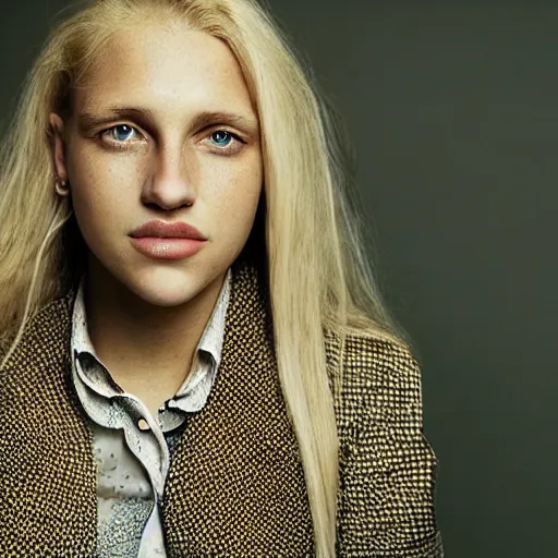 Prompt: portrait photograph by annie leibovitz of olive skinned blonde female in her twenties wearing designer clothes