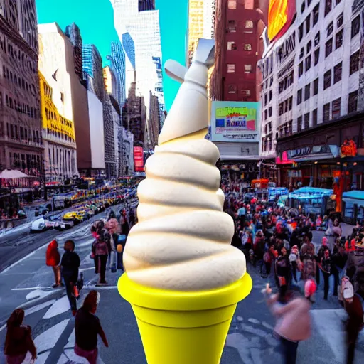 Prompt: a photograph of a giant ice cream sundae sculpture in the center of a new york street, a crowd of people stand around it, by Claes Oldenburg, pop art, 3D render, Volumetric dynamic lighting, Highly Detailed, Cinematic Lighting, Unreal Engine, 8k, HD