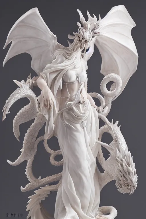 Prompt: a woman in a white dress with a dragon on her head, a marble sculpture by huang guangjian, cgsociety contest winner, fantasy art, detailed painting, intricate, rococo