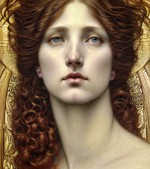 Prompt: detailed realistic beautiful young jessica lang as queen of jupiter face portrait by jean delville, gustave dore and marco mazzoni, art nouveau, symbolist, visionary, gothic, pre - raphaelite. horizontal symmetry by zdzisław beksinski, iris van herpen, raymond swanland and alphonse mucha. highly detailed, hyper - real, beautiful