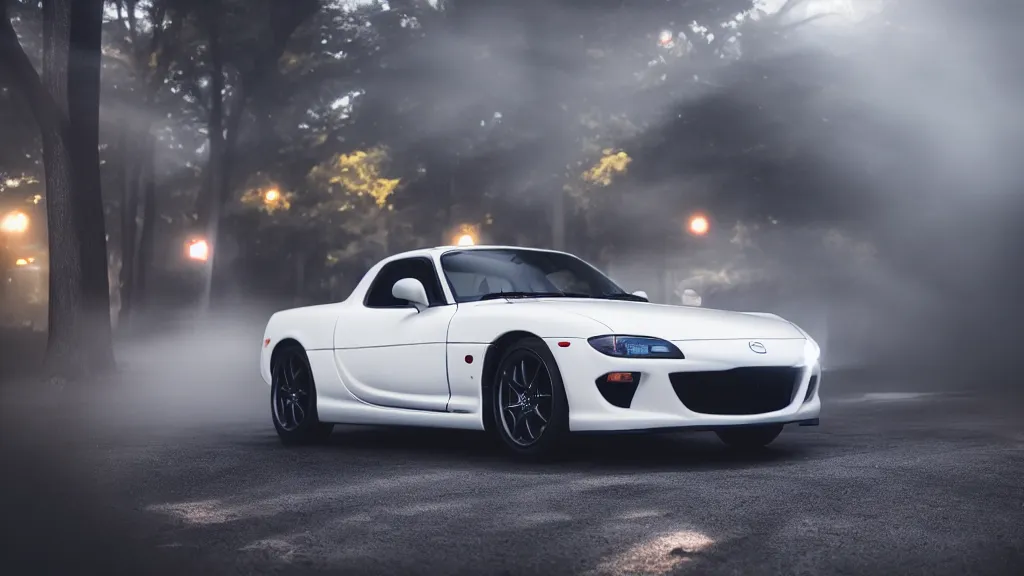 Image similar to a mazda rx - 7 with pop up headlights, cinematic, long exposure, white balance, 8 k, led, lumen global illumination, fog, ray tracing reflections