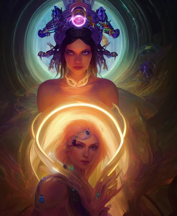 Image similar to a whirlwind of souls rushing inside the metaverse, half body, glowin eyes, tiara with sapphire, pharaoh, android, cyberpunk, d & d, fantasy, intricate, elegant, highly detailed, colorful, vivid color, digital painting, artstation, concept art, art by artgerm and greg rutkowski and alphonse mucha and ruan jia