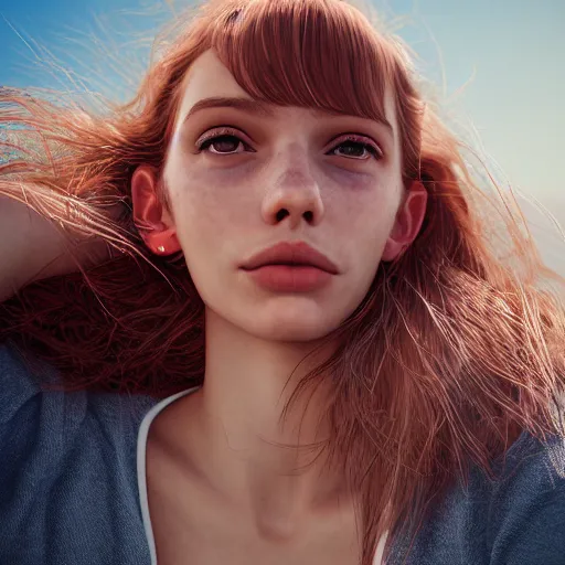 Prompt: portrait of a cute thin young woman, red blush, cute freckles, small smile, modern clothes, relaxing on the beach, serene beach setting, close up shot, 8 k, art by irakli nadar, hyperrealism, hyperdetailed, ultra realistic