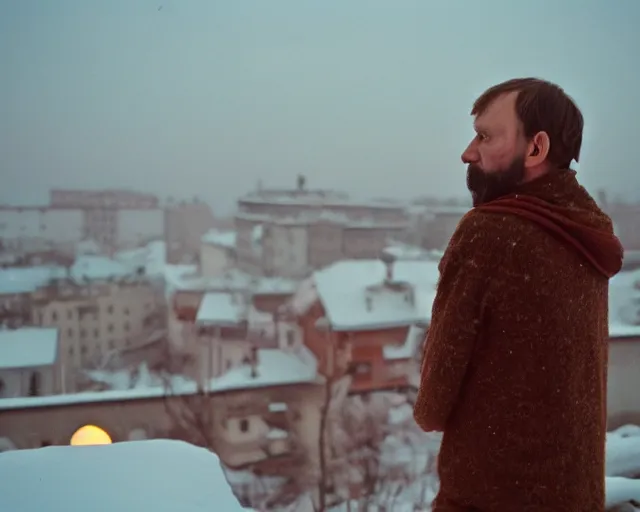 Image similar to lomographic tarkovsky film still of 4 0 years russian man with beard and sweater standing on small hrushevka 9 th floor balcony in winter taiga looking at sunset, cinestill, bokeh