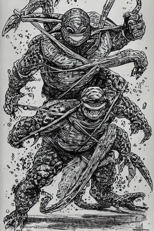 Prompt: leonardo the ninja turtle as a d & d monster, pen - and - ink illustration, etching, by russ nicholson, david a trampier, larry elmore, 1 9 8 1, hq scan, intricate details, high contrast