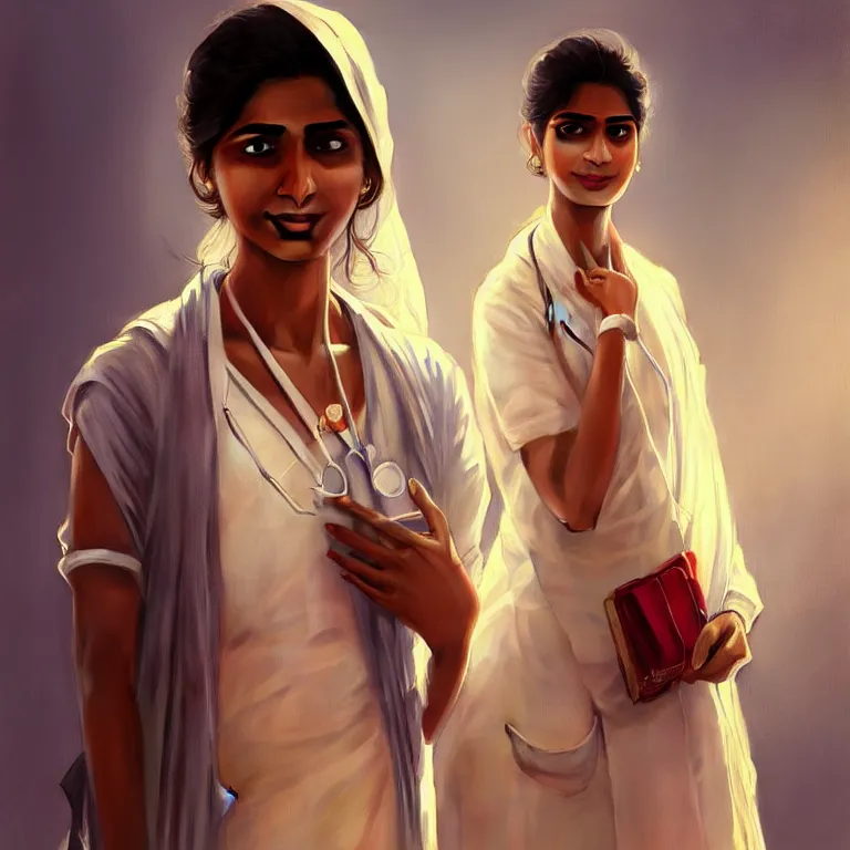 Prompt: Anxious pretty young Indian doctor in modern clothes waiting at the airport, portrait, sci-fi face, elegant, highly detailed, digital painting, artstation, concept art, smooth, sharp focus, illustration, art by artgerm and greg rutkowski and alphonse mucha