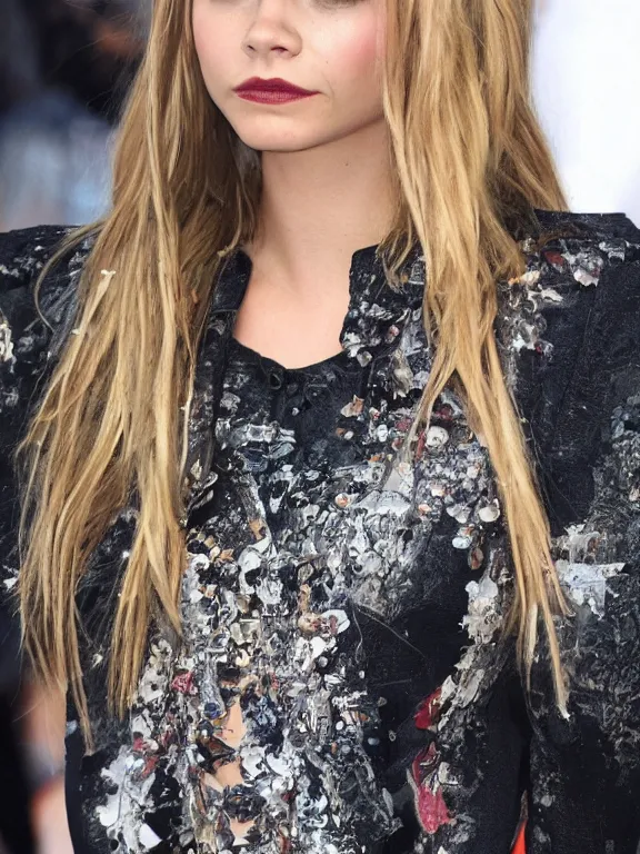 Image similar to hyperdetailed close shot of cara delevingne, winds of winter, with ripped crop t - shirt, fine - face, pretty face