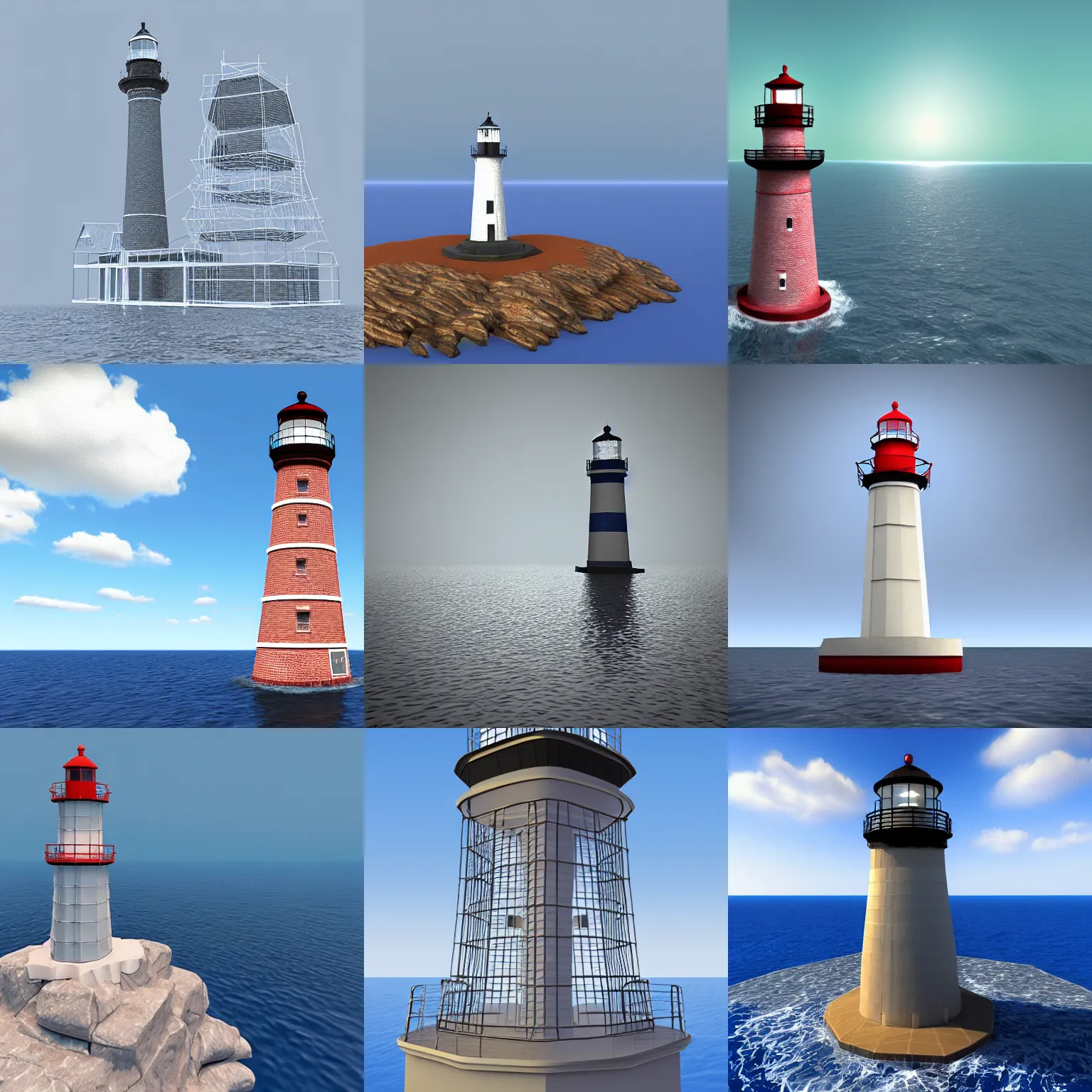 Prompt: Wireframe render of a lighthouse in the middle of the atlantic ocean, 3DS max