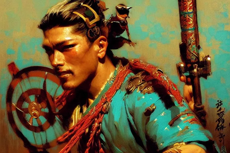 Image similar to turquoise samurai painting by gaston bussiere, craig mullins, j. c. leyendecker