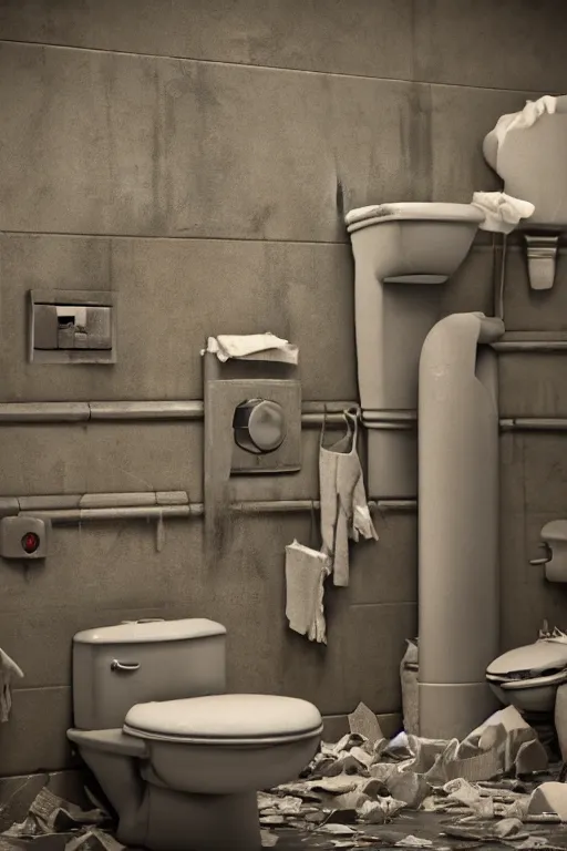 Image similar to old public restroom after a battle, graffiti on walls, broken tiles, broken lightbulbs toilets with scratches, roaches, mess. toilet paper everywhere pixar disney 4 k 3 d render funny animation movie oscar winning trending on artststion and behance. oscar award winning.