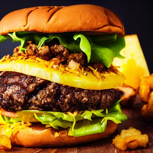 Image similar to juicy hamburger with crispy buns topped with pineapple, 8 k resolution, food photography, studio lighting, sharp focus, hyper - detailed