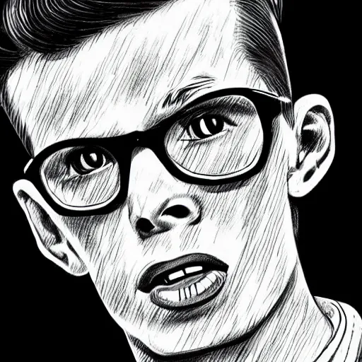 Image similar to A 1950s Style Comic-Like Drawing of iDubbbz, grainy, realistic, hyperrealistic, very realistic, very very realistic, highly detailed, very detailed, extremely detailed, detailed, digital art, trending on artstation, detailed face, very detailed face, very detailed face, realism, HD Quality, 8k resolution, intricate details, body and head in frame, drawing, inked drawing, comic drawing, neat drawing, 1950s, 50s, in the style of Frank Hampson, in the style of Frank Bellamy, in the style of Dave Gibbons, in the style of Don Lawrence, in the style of Wally Wood