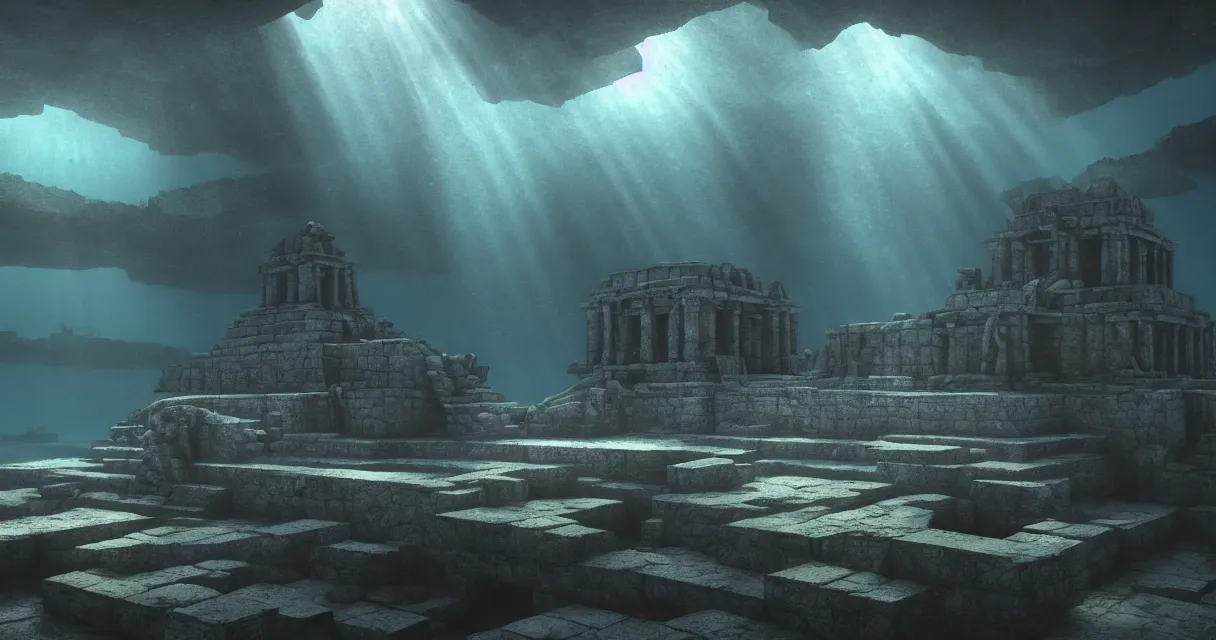 Image similar to wide shot, submerged pre - incan temple, carvings, dark, grenada underwater sculpture park, bubbles, abyss, stylized, anime style mixed with fujifilm, detailed gouache paintings, crepuscular rays, dark, murky, foggy, atmospheric, artstation, cgsociety, octane render, cgi, unreal engine 5, denoise, cinematic masterpiece