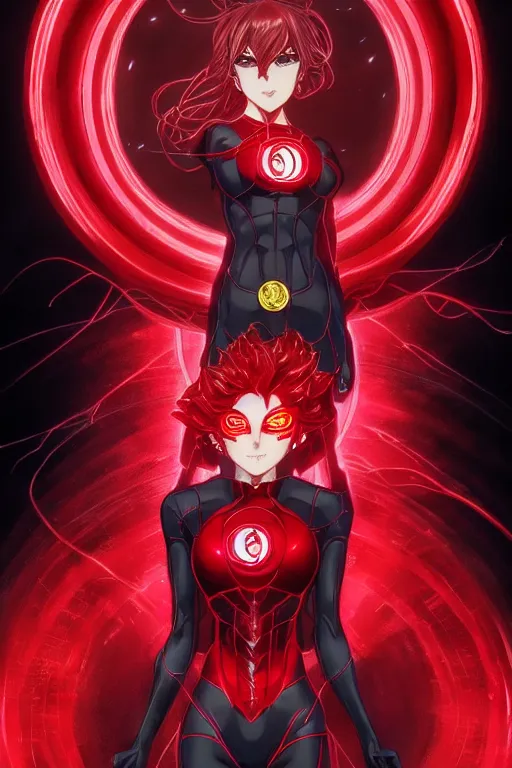 Image similar to anime key visual of a beautiful female red lantern!! intricate, red and black suit, glowing, powers, rage, anger, hate, dc comics, cinematic, stunning, highly detailed, digital painting, artstation, smooth, hard focus, illustration, art by artgerm and greg rutkowski and alphonse mucha