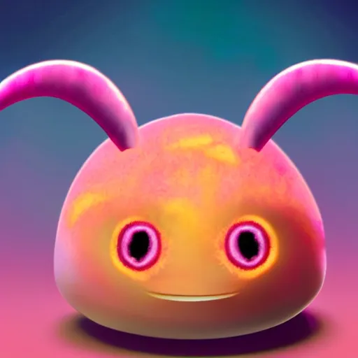 Image similar to an alien with a face that looks like a fuzzy peach the peach is fuzzy pink warm and ripe the alien has horns and a mean smile, 4k, highly detailed, high quality, amazing, high particle effects, glowing, majestic, soft lighting, realistic reflections