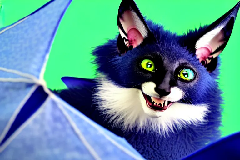 Image similar to a blue - and - black male heterochromatic catbat fursona with blue / green heterochromatic eyes ( differently - colored eyes, one green, one blue ) and huge bat ears, photo of the catbat streaming on his computer