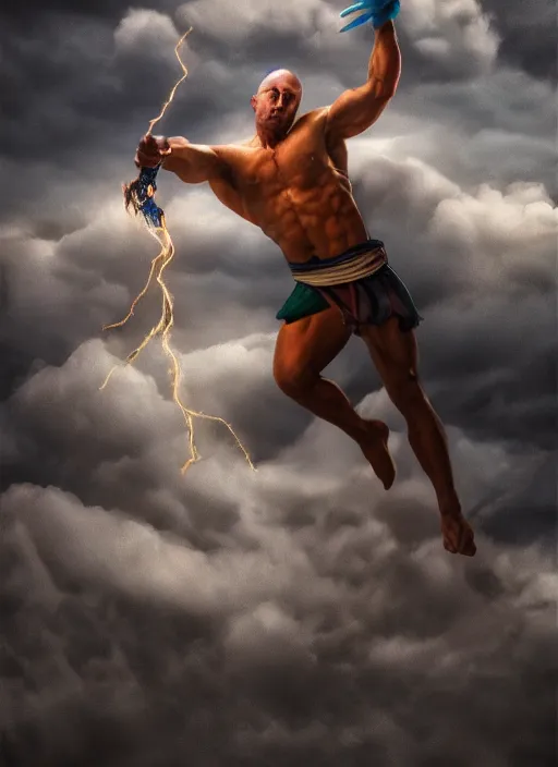 Image similar to muscular magician with a huge sparkeling magic wand spreading lightnig strokes from his hand, in clouds, by boris valejo, extreme detail, reflections, trending on artstation, 8 k